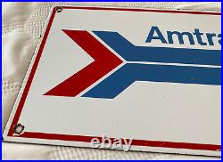 Vintage Amtrak Train Station Porcelain Sign Gas Motor Oil Pump Plate Rail Road