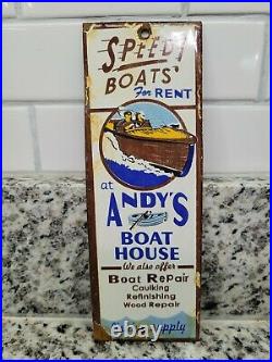 Vintage Andys Boat Porcelain Sign Rental Lake Motor Door Gas Station Oil Service