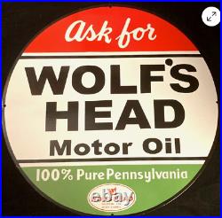 Vintage Art WOLF'S HEAD MOTOR OIL PORCELAIN ENAMEL SIGN Rare Advertising 30