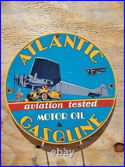 Vintage Atlantic Gasoline Porcelain Sign Aviation Motor Oil Gas Flying Service