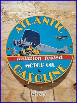 Vintage Atlantic Gasoline Porcelain Sign Aviation Motor Oil Gas Flying Service