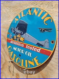 Vintage Atlantic Gasoline Porcelain Sign Aviation Motor Oil Gas Flying Service