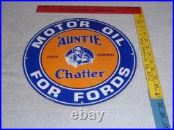 Vintage Auntie Chatter Motor Oil Ford Car Grandma Porcelain Metal Gasoline Sign