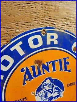 Vintage Auntie Chatter Porcelain Sign Gas Motor Oil For Ford Engines Lewis Lube