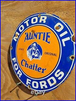 Vintage Auntie Chatter Porcelain Sign Gas Motor Oil For Ford Engines Lewis Lube