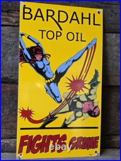 Vintage Bardahl Top Motor Oil Porcelain Sign, Fights Grime 18×10