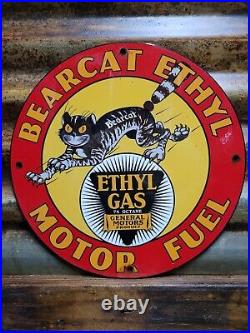 Vintage Bearcat Ethyl Porcelain Sign Fuel Oil Gas Pump Plate General Motors Lube