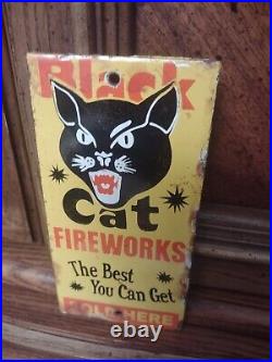 Vintage Black Cat Fireworks Sold Here Gas Station Motor Oil Porcelain Sign