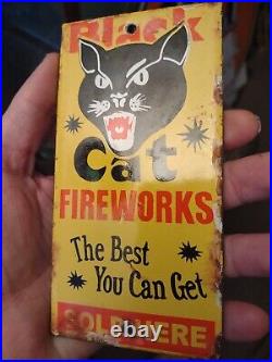 Vintage Black Cat Fireworks Sold Here Gas Station Motor Oil Porcelain Sign