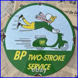 Vintage Bp Two-stroke Service Motor Oil Gasoline 12 Inch Porcelain Enamel Sign