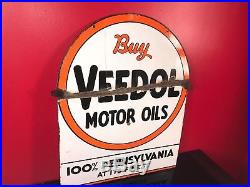 Vintage Buy Veedol Motor Oil Tombstone Sign Porcelain Double Sided