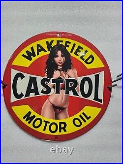 Vintage Castrol Wakefield Motor Oil Pinup Girl Porcelain Gas Oil Station Ad Sign