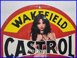 Vintage Castrol Wakefield Motor Oil Pinup Girl Porcelain Gas Oil Station Ad Sign