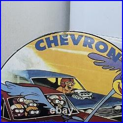 Vintage Chevron Gasoline Porcelain Sign Gas Oil Station Road Runner Motor Pump