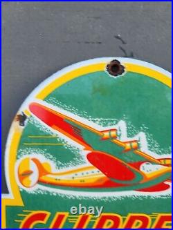 Vintage Clipper Gasoline Porcelain Sign Gas Station Motor Oil Service Air Plane