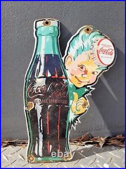 Vintage Coca Cola Porcelain Sign Soda Coke Beverage Pop Drink Boy Gas Motor Oil