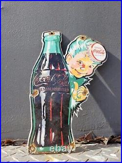 Vintage Coca Cola Porcelain Sign Soda Coke Beverage Pop Drink Boy Gas Motor Oil