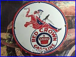 Vintage Dated 1934 Red Crown Gasoline Motor Oil Porcelain Gas Station Metal Sign