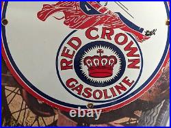 Vintage Dated 1934 Red Crown Gasoline Motor Oil Porcelain Gas Station Metal Sign