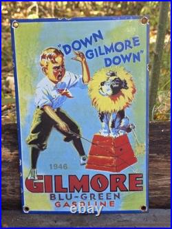 Vintage Dated 1946 Gilmore Gasoline Motor Oil Porcelain Enamel Gas Sign 12 X 8