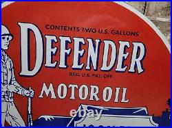 Vintage Defender Porcelain Sign 30 Big Petroleum Soldier Gas Service Motor Oil