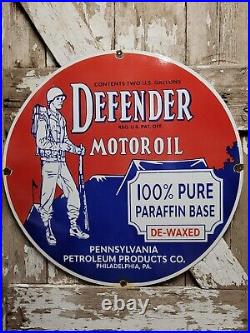 Vintage Defender Porcelain Sign 30 Big Petroleum Soldier Gas Service Motor Oil
