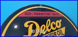 Vintage Delco Gasoline Porcelain Motor Oil Service Station Pump Plate Sign