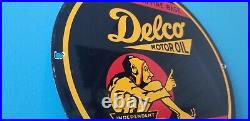 Vintage Delco Gasoline Porcelain Motor Oil Service Station Pump Plate Sign