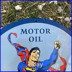 Vintage Dixie Motor Oil Superman 12 Porcelain Metal Gas & Oil Pump Ad Sign