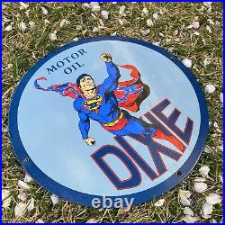 Vintage Dixie Motor Oil Superman 12 Porcelain Metal Gas & Oil Pump Ad Sign