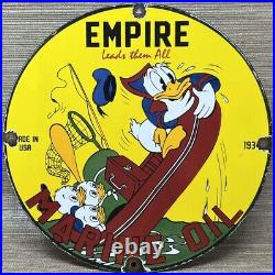 Vintage Empire Marine Motor Oil Porcelain Sign Gas Station Disney Donald Duck