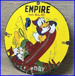 Vintage Empire Marine Motor Oil Porcelain Sign Gas Station Disney Donald Duck