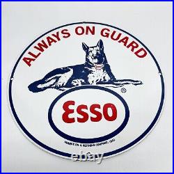 Vintage Esso Gasoline Always on Gurad German Shepard Motor Oil Porcelain Sign