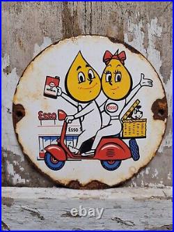 Vintage Esso Motor Oil Porcelain Sign Scooter Cartoon Motorcycle 6 Pump Plate