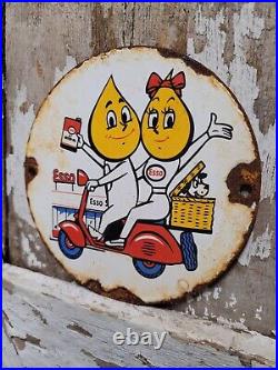 Vintage Esso Motor Oil Porcelain Sign Scooter Cartoon Motorcycle 6 Pump Plate