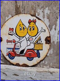 Vintage Esso Motor Oil Porcelain Sign Scooter Cartoon Motorcycle 6 Pump Plate