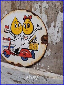 Vintage Esso Motor Oil Porcelain Sign Scooter Cartoon Motorcycle 6 Pump Plate