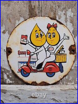 Vintage Esso Motor Oil Porcelain Sign Scooter Cartoon Motorcycle 6 Pump Plate