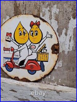 Vintage Esso Motor Oil Porcelain Sign Scooter Cartoon Motorcycle 6 Pump Plate