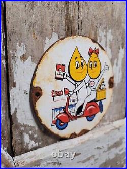 Vintage Esso Motor Oil Porcelain Sign Scooter Cartoon Motorcycle 6 Pump Plate