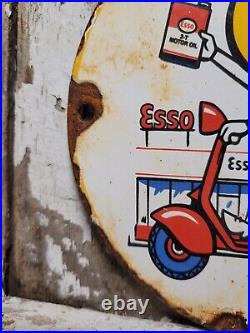 Vintage Esso Motor Oil Porcelain Sign Scooter Cartoon Motorcycle 6 Pump Plate