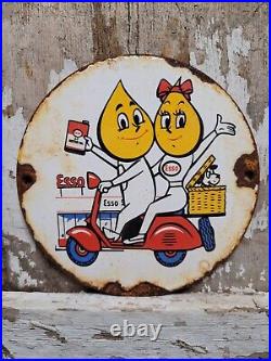 Vintage Esso Motor Oil Porcelain Sign Scooter Cartoon Motorcycle 6 Pump Plate