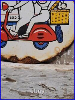 Vintage Esso Motor Oil Porcelain Sign Scooter Cartoon Motorcycle 6 Pump Plate