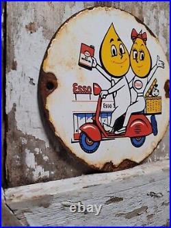 Vintage Esso Motor Oil Porcelain Sign Scooter Cartoon Motorcycle 6 Pump Plate