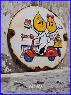 Vintage Esso Motor Oil Porcelain Sign Scooter Cartoon Motorcycle 6 Pump Plate