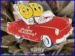 Vintage Esso Porcelain Metal Sign Happy Motoring Car Die Cut Motor Oil Drop Girl