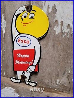 Vintage Esso Porcelain Sign Gas Motor Oil Drop Boy Plaque Happy Motoring Service