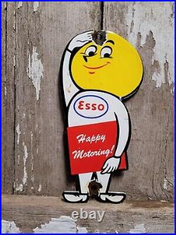 Vintage Esso Porcelain Sign Motor Oil Drop Boy Plaque Happy Motoring Service