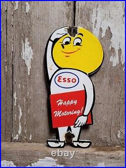 Vintage Esso Porcelain Sign Motor Oil Drop Boy Plaque Happy Motoring Service