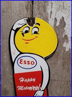 Vintage Esso Porcelain Sign Motor Oil Drop Boy Plaque Happy Motoring Service